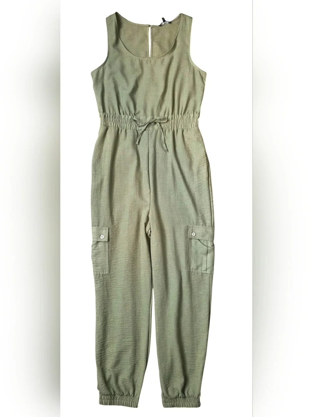As U Wish Juniors' Olive Green Drawstring Waist Cargo Jumpsuit - Size Large - Picture 2 of 16